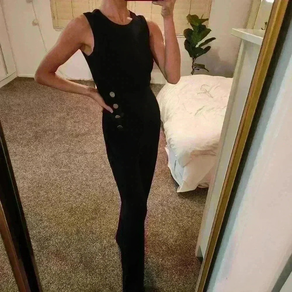 NWOT DKNY Jumpsuit Navy Gold Button Crew Neck Sleeveless Slimming Contouring Coc - Picture 9 of 11